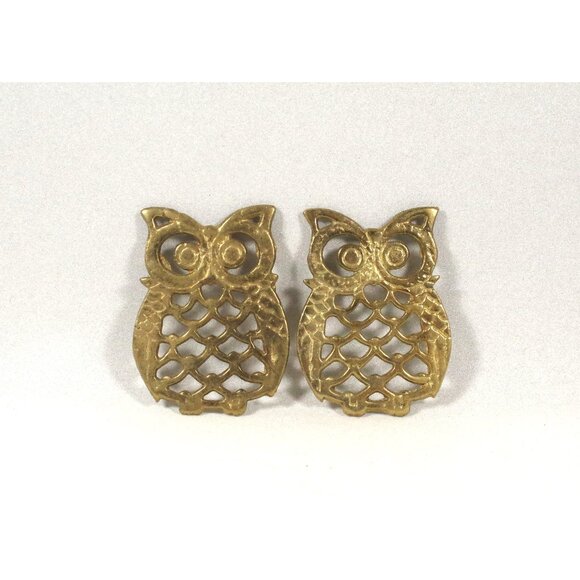 Set of 2 Vintage Brass Owl Trivets Metal Hot Pads Wall Hanger Retro Bird Coaster - Picture 1 of 4